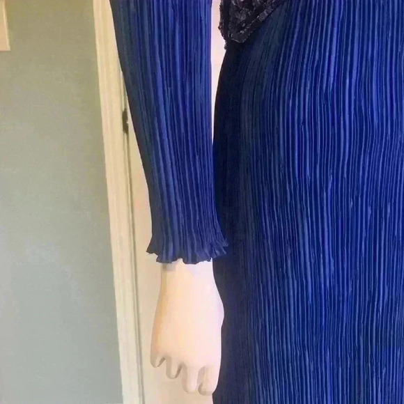 Nuit Vintage 80s Crepe Dress 10 Sequin Wasp Belt Blue Longsleeve Cocktail Formal - Picture 4 of 13